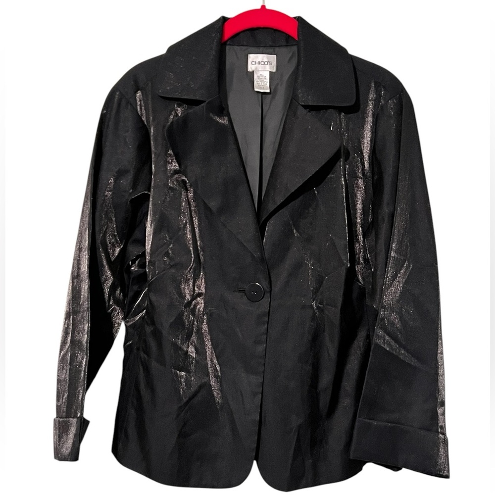 Chico’s blazer jacket‎ one button front 3/4 sleeve black shimmer size Large